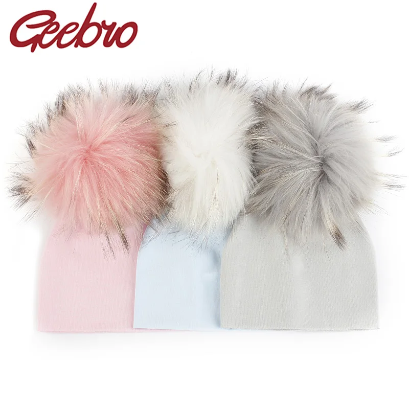 Top Trends: Geebro Newborn Soft Cotton 15 Cm Real Fur Pompom Beanies Hats For Baby Boys Girls Autumn Winter Kids Infants Toddler Baby Hats Shoppable Styles