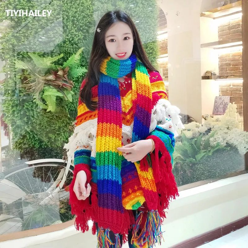 Top Trends: TIYIHAILEY 2022 New Fashion Long All-match Scarf Winter Warm Long Rainbow Colorful Hand Made Wool Tassels Scarf Shoppable Styles