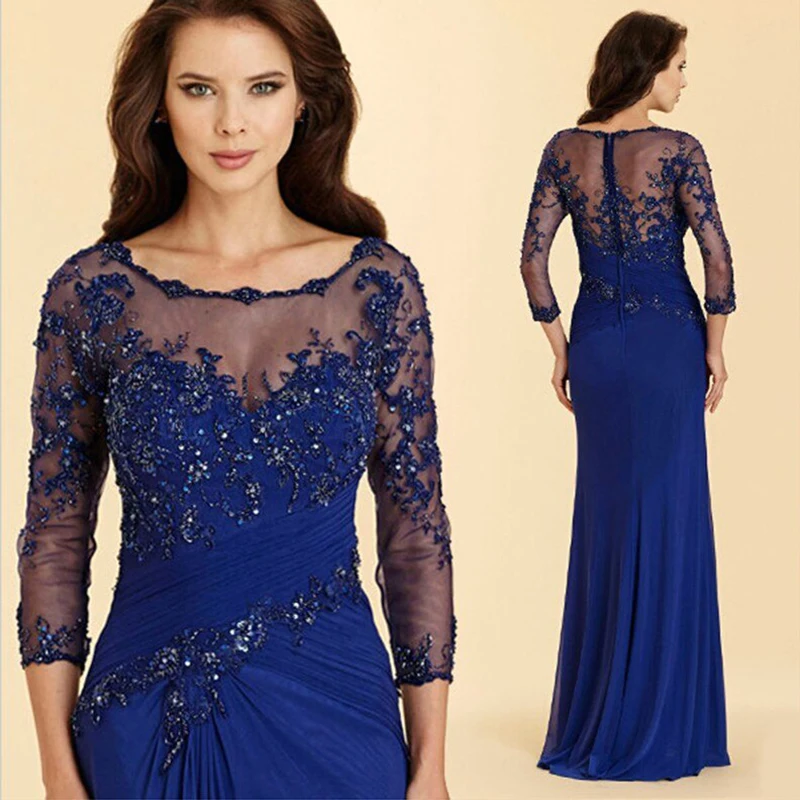 Top Trends: 2022 New Charming Royal Blue Lace Jewel Neck Mother Of The Bride Dresses With 3 / 4 Sleeves Wedding Party Gowns Applique Beaded Shoppable Styles