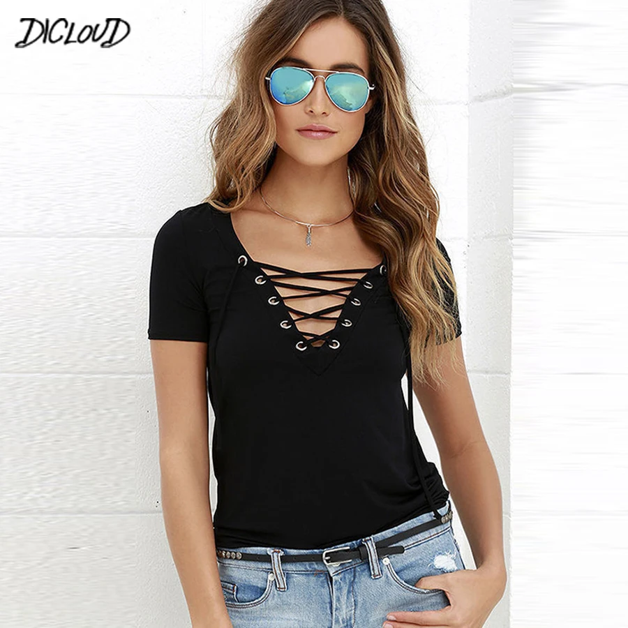 Top Trends: DICLOUD Fashion V-Neck T-Shirt Women New Summer Black Ladies' Tops Short Sleeve Lace Hollow Shirt Tees 2023 Shoppable Styles