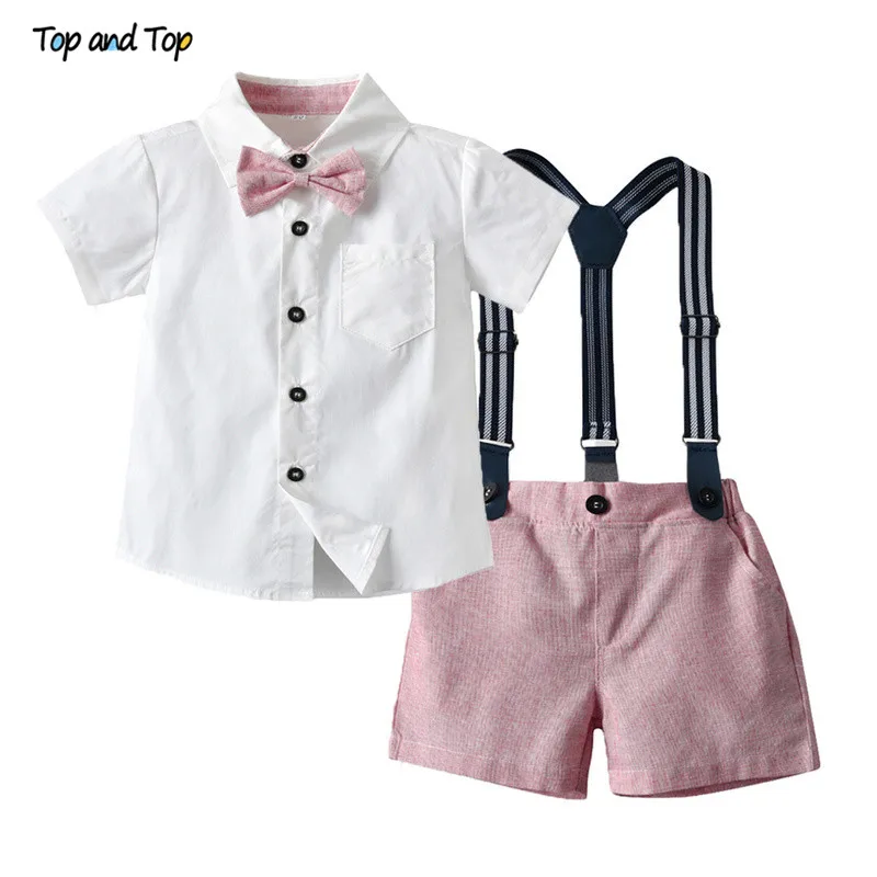 Top Trends: Top And Top Summer Kids Baby Boy Formal Suit Short Sleeve With Shirt+ Suspender Pants Casual Clothes Outfit Gentleman Set 2PCS Shoppable Styles