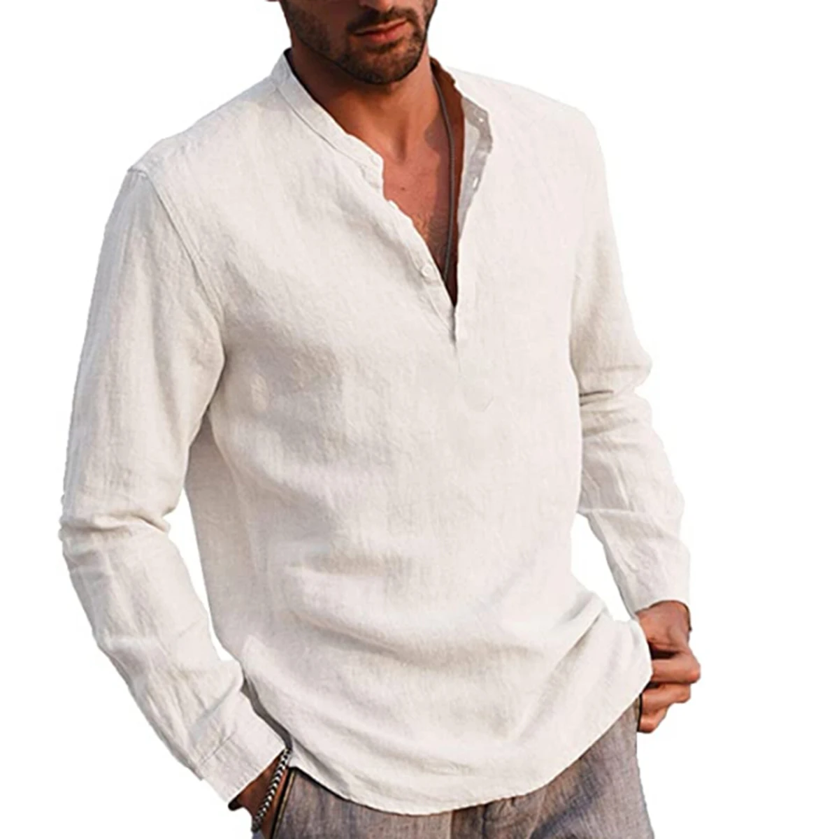 Top Trends: Men’ S Shirt Cotton Linen Solid Color Stand Collar Long Sleeve Shirt Smart Casual Men’ S Blouse Plus Size S / M / L / XL / XXL Shoppable Styles