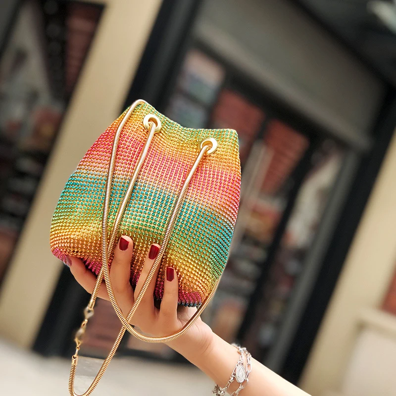 Top Trends: Bucket Women Fashion Evening Bags Diamonds Rainbow Soft Day Clutch Shoulder Snake Chain Rhinestones Party Handbags Wedding Purse Shoppable Styles