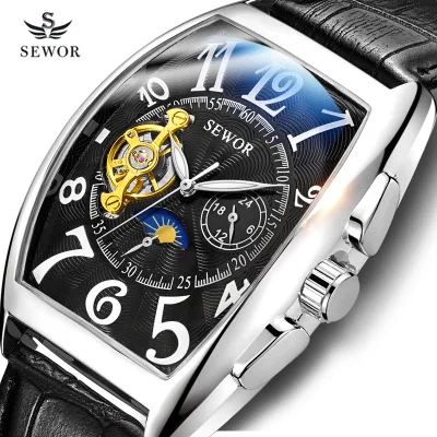 Top Trends: Fashion Brand SEWOR Men Automatic Mechanical Watch Black Leather Strap Tourbillon Watch Moon Phase Wristwatch Relogio Masculino Shoppable Styles