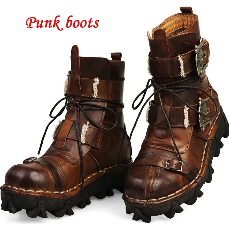 Top Trends: Men&#039;s Cowhide Genuine Leather Motorcycle Boots Military Combat Boots Gothic Skull Punk Boots Desert Ankle Boots Botas50 Handmade Shoppable Styles