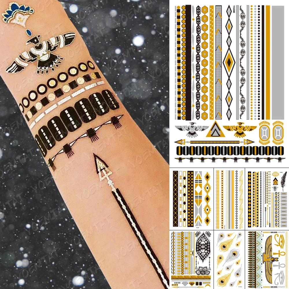 Top Trends: Waterproof Temporary Tattoo Sticker Metallic Gold Silver Black Bracelet Flash Tattoos Henna Egyptian Goddess Hies Art Fake Tatoo Shoppable Styles