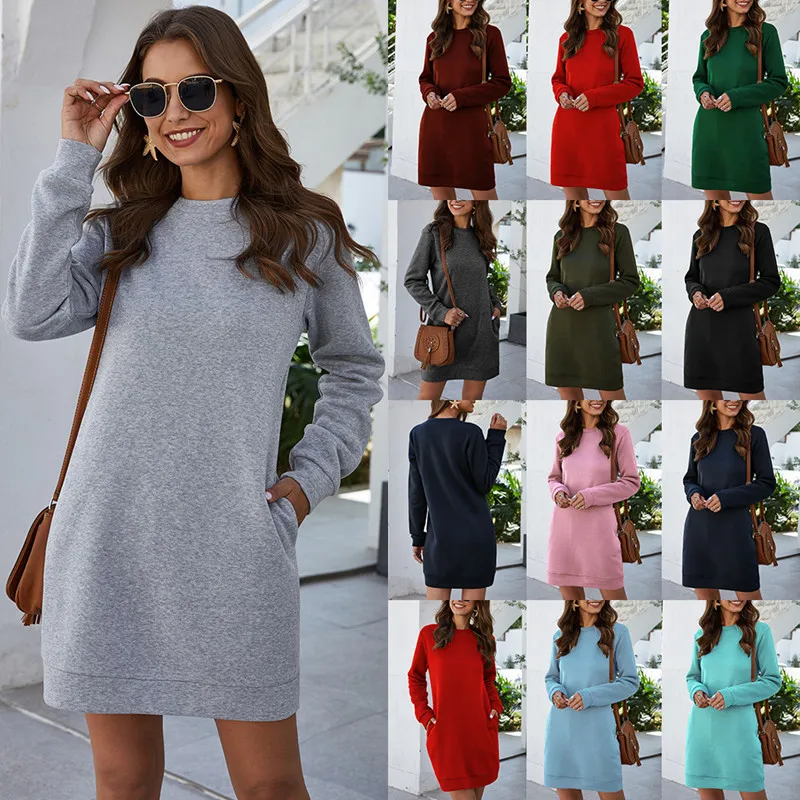 Top Trends: Autumn Winter O Neck Long Sleeve Women&#039;s Sweatshirt Dress 2021 New Fashion Grey Solid Loose Pocket Ladies Mini Dresses Vestidos Shoppable Styles