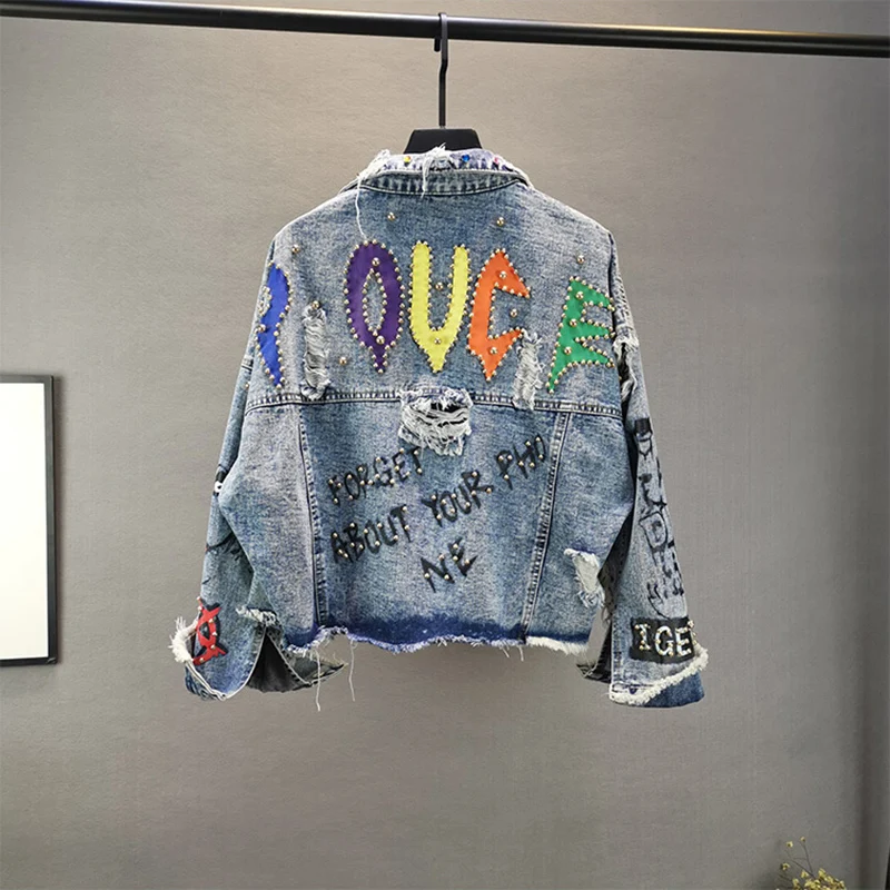 Top Trends: Manual Beaded Diamond Letter Graffiti Print Women Denim Jacket Spring Autumn 2023 Blue Short Hole Jean Jacket Casual Veste Femme Shoppable Styles