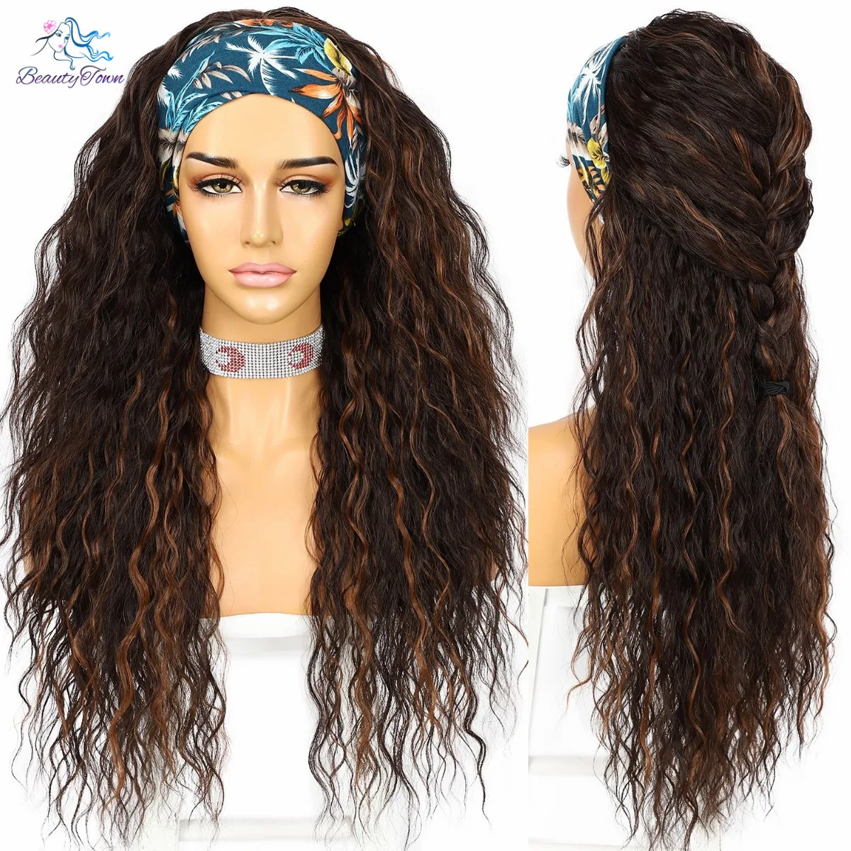 Top Trends: BeautyTown Long Kinky Curly JBrown Headband Full Machine Wig Daily Wedding Party Highlight Wig Ombre Blonde Synthetic Hair Wig Shoppable Styles