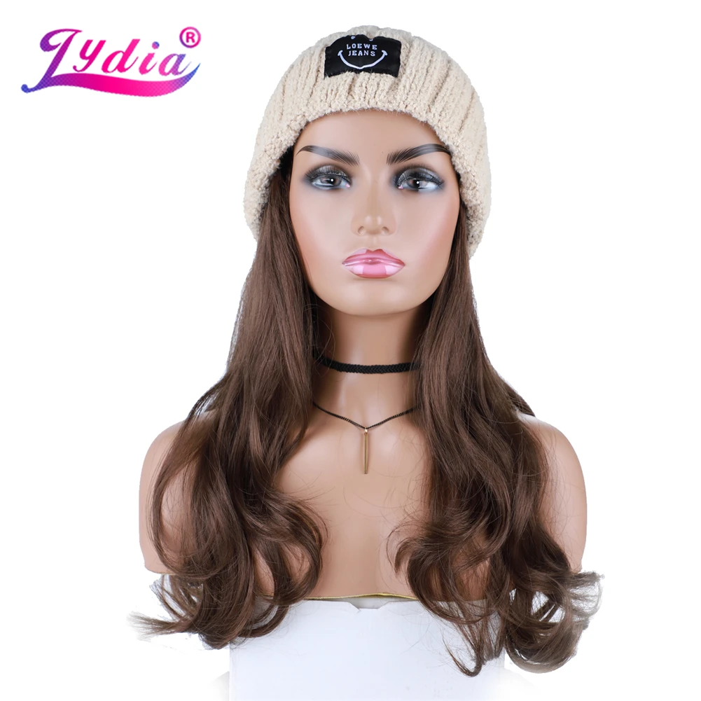 Top Trends: Lydia Adjustable Long Wavy Synthetic Brown Hair Autumn Winter Knitted Beanie White Hat All-in-one Easy To Wear Curly Wig Shoppable Styles