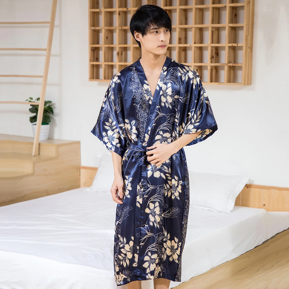 Top Trends: Navy Blue Men Kimono Robe Comfortable Soft Satin Bath Gown Intimate Lingerie Summer Casual Half Sleeve Home Wear Sleepwear Shoppable Styles