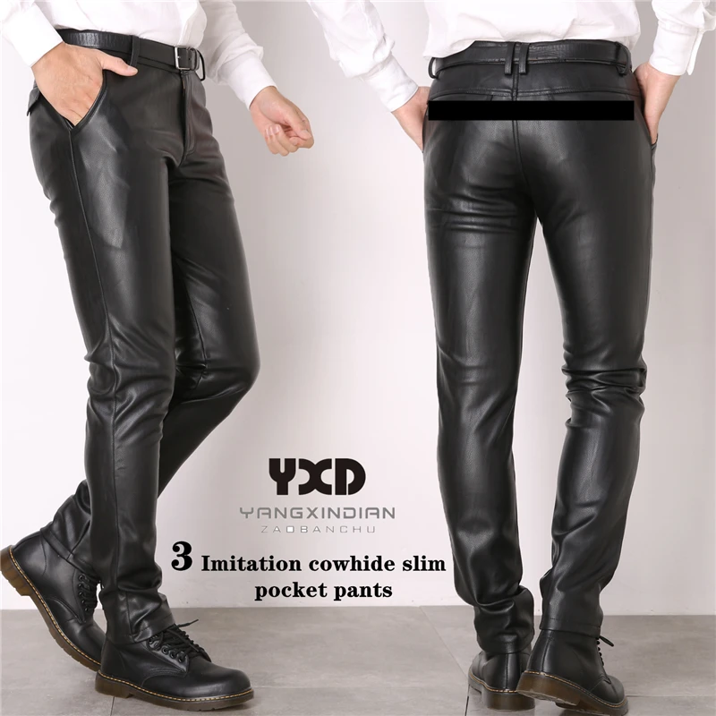 Top Trends: Drop Shipping Brand Men Leather Pants Slim Fit Elastic Style Fashion PU Leather Trousers Motorcycle Pants Streetwear Warm Fleece Shoppable Styles