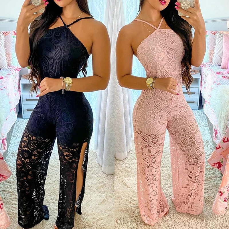 Top Trends: Elegant Jumpsuit Women 2022 Summer Halter Sleeveless Crochet Lace High Slit See Through Holiday Long Sexy Long One Piece Suits Shoppable Styles