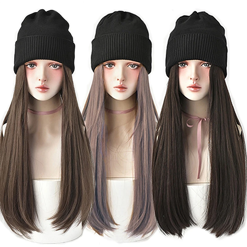 Top Trends: Beanies Hat With Hair Wigs For Women 24 Inch Long Straight Hair Synthetic Wig Warm Soft Ski Knitted Autumn Winter Cap Shoppable Styles