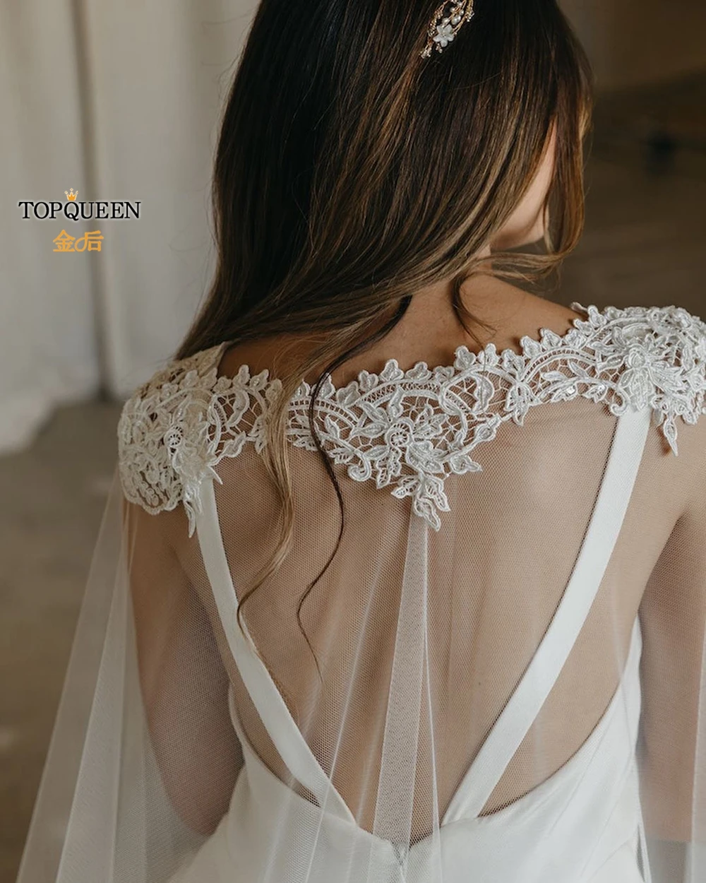 Top Trends: TOPQUEEN G36 Bridal Shawl Sexy Reverse Decoration Cloak Lace Embroidery For Reverse Wedding Dress Wedding Cape Veil Tulle Cape Shoppable Styles