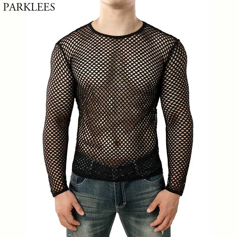 Top Trends: Mens Transparent Sexy Mesh T Shirt 2022 New See Through Fishnet Long Sleeve Muscle Undershirts Nightclub Party Perform Top Tees Shoppable Styles