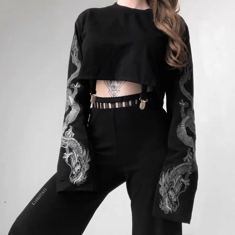 Top Trends: Gothic Punk Cool Girl Dragon Pattern T Shirts Long Sleeve Suspenders Women T-Shirt Crew Neck Black Crop Top Autumn Pullover Shoppable Styles