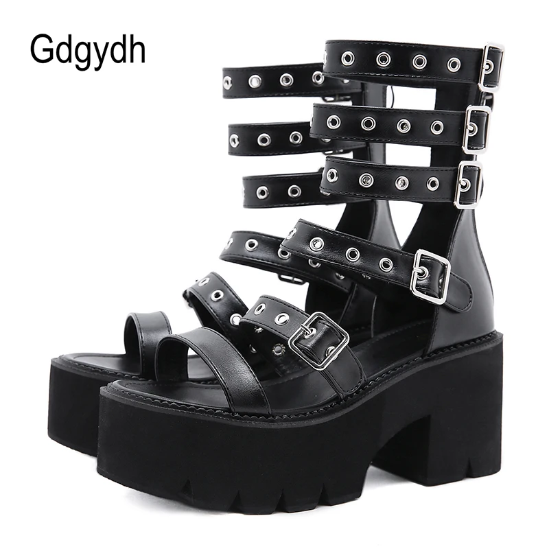 Top Trends: Gdgydh Summer Gladiator Sandals Women Metal Rivet Punk Streetwear Wedge Square Heels Platform Ankle Buckle Strap High Quality Shoppable Styles