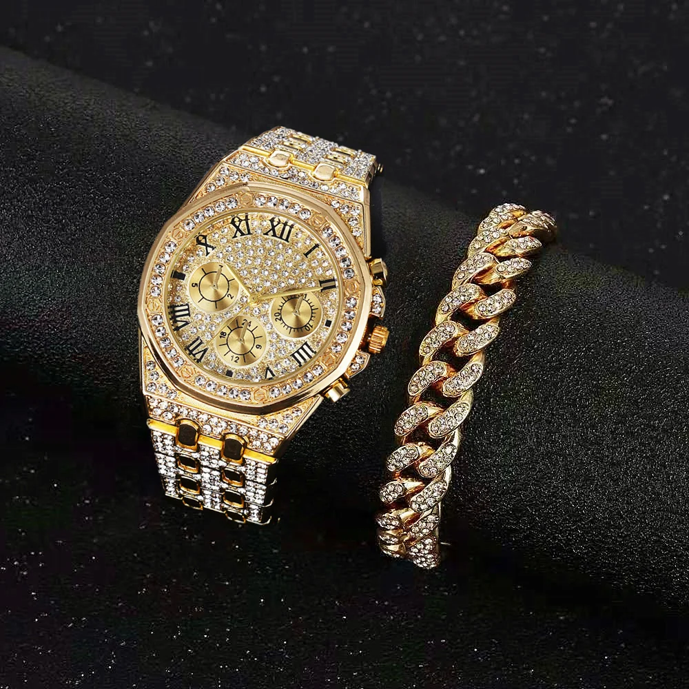 Top Trends: Luxury Iced Out Watch For Men Women Hip Hop Miami Bling CZ Cuban Chain Big Gold Chain Necklace Paved Rhinestones Men Jewelry Set Shoppable Styles - Image 4