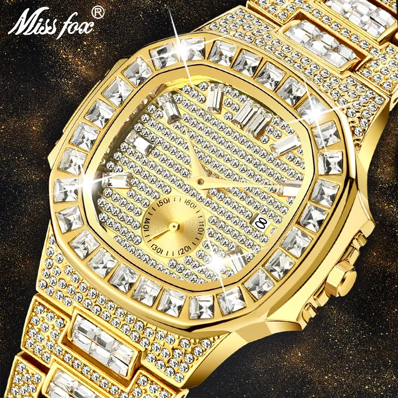 Top Trends: MISSFOX Luxury Men Watch Gold 18K Model Fully Paved Baguette Diamond Mens Watches Waterproof Calendar Male Clock Hours Shoppable Styles