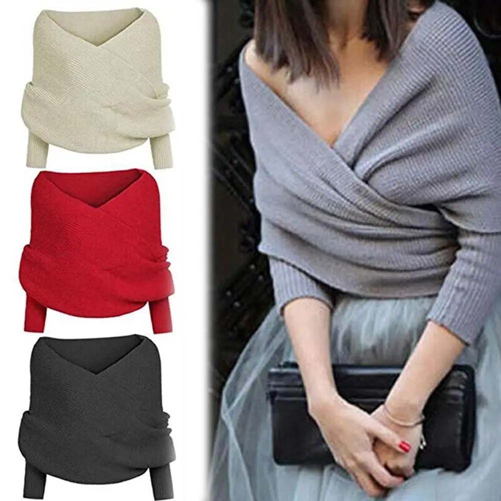 Top Trends: Sexy V-neck Off Shoulder Sweater Women 2020 Casual Long Sleeve Solid Pullover Female Autumn Winter Knitted Shoppable Styles