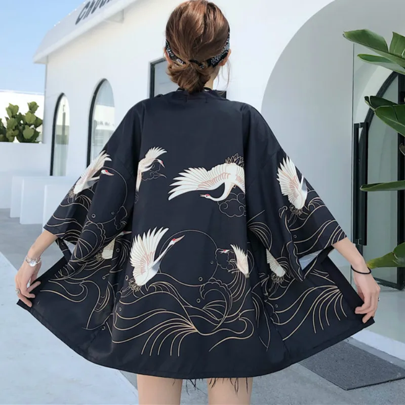 Top Trends: Loose Harajuku Japanese Fashion Kimono 2020 White Black Crane Print Women Cardigan Blouse Beach Haori Obi Asian Clothes Shoppable Styles