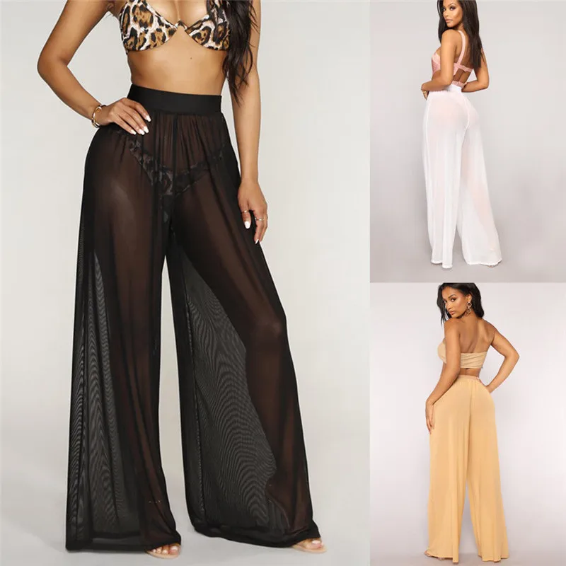 Top Trends: Women's Boho High Waist Flare Wide Leg Cover-Up Trousers Beach Long Loose See Throug Mesh Sheer Pants Bikini Bottom Beachwear Shoppable Styles