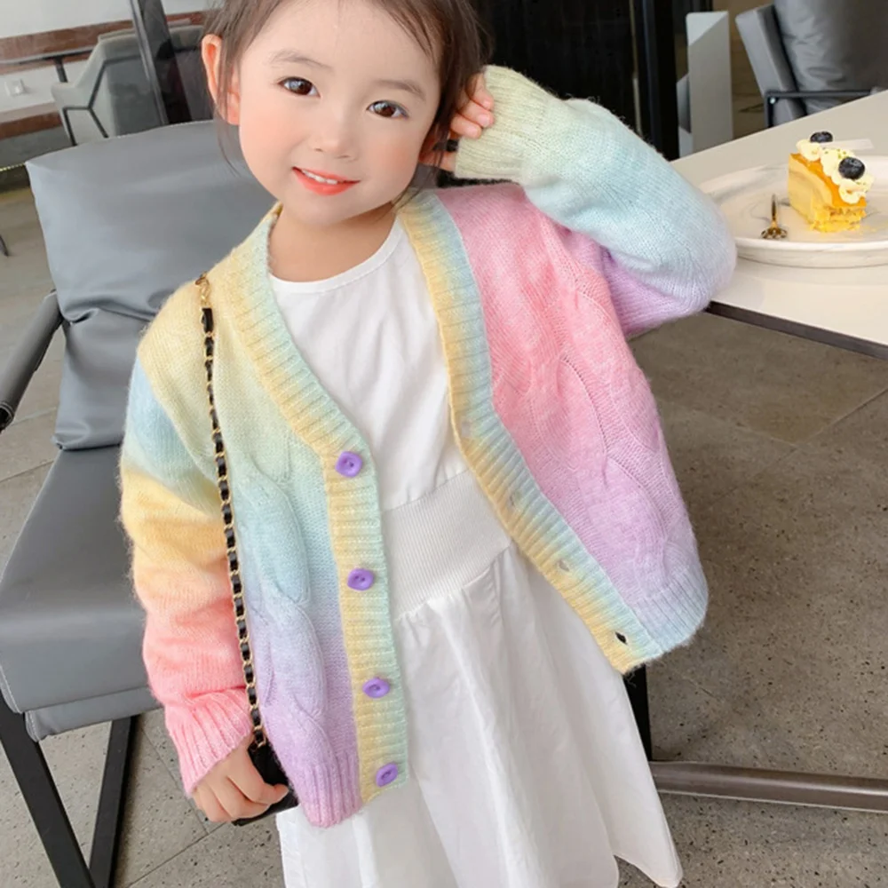 Top Trends: Rainbow Knitted Cardigan Sweater Kids Girl Autumn Winter Sweet Kawaii Sweater Coat Children Girl Korean Button Down Cardigan Shoppable Styles