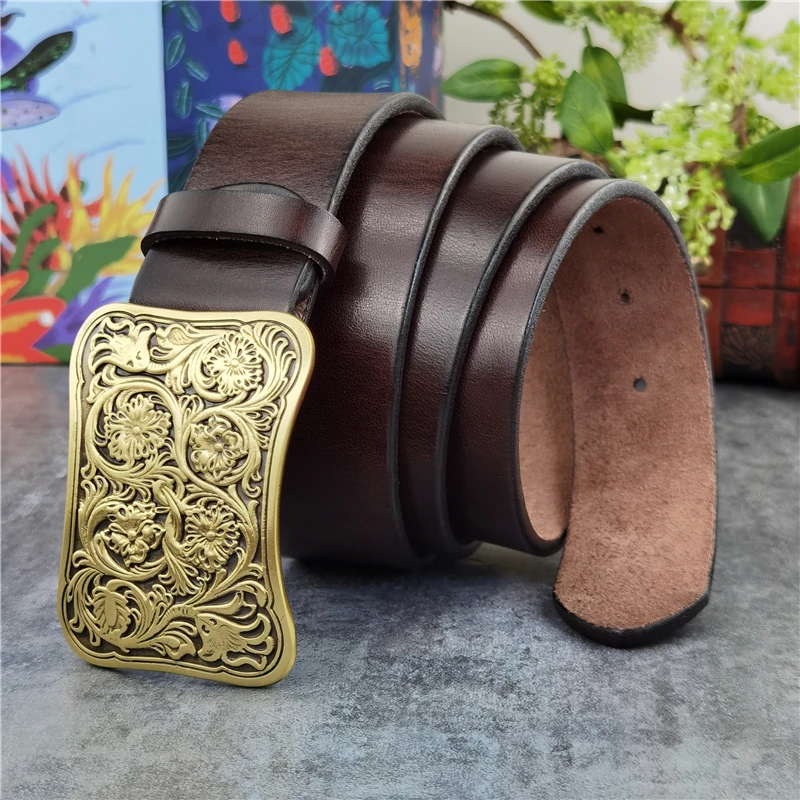 Top Trends: Luxury Carving Flower Brass Belt Buckle Men's Belt Ceinture Top Thick Geunine Leather Belt For Men Wide Trouser Belt Men MBT0031 Shoppable Styles