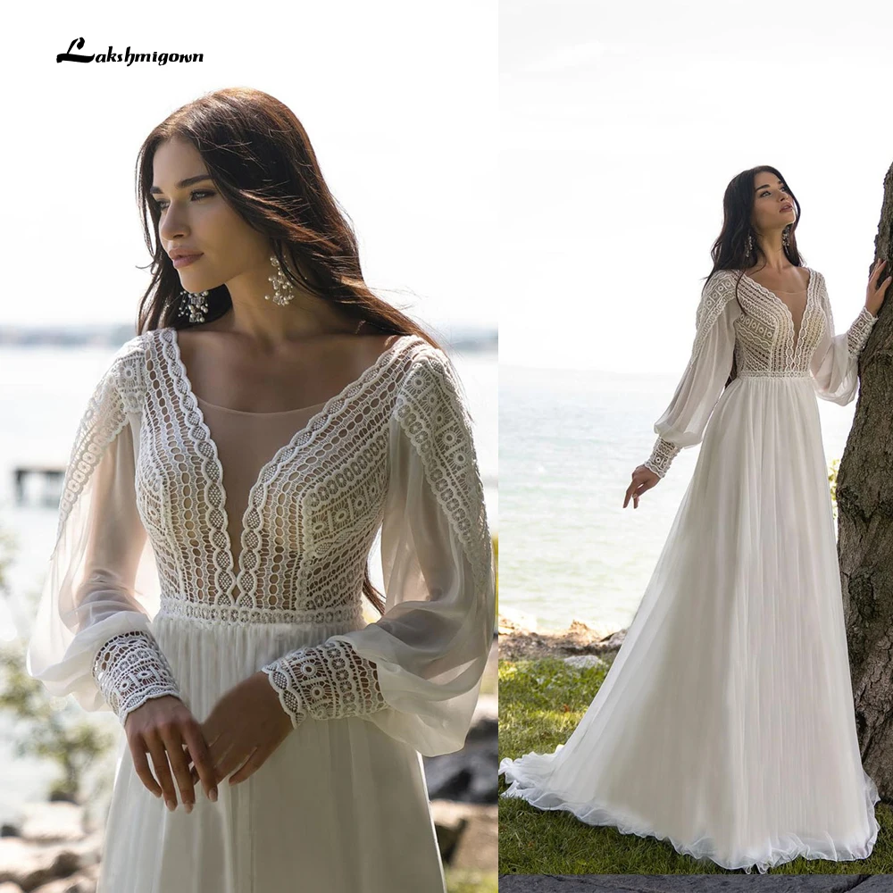 Top Trends: Bohomia Wedding Dresses Elegant Lace Chiffon Beach Bridal Gowns V-Neck Puffy Long Sleeve Classic Wedding Dresses Shoppable Styles