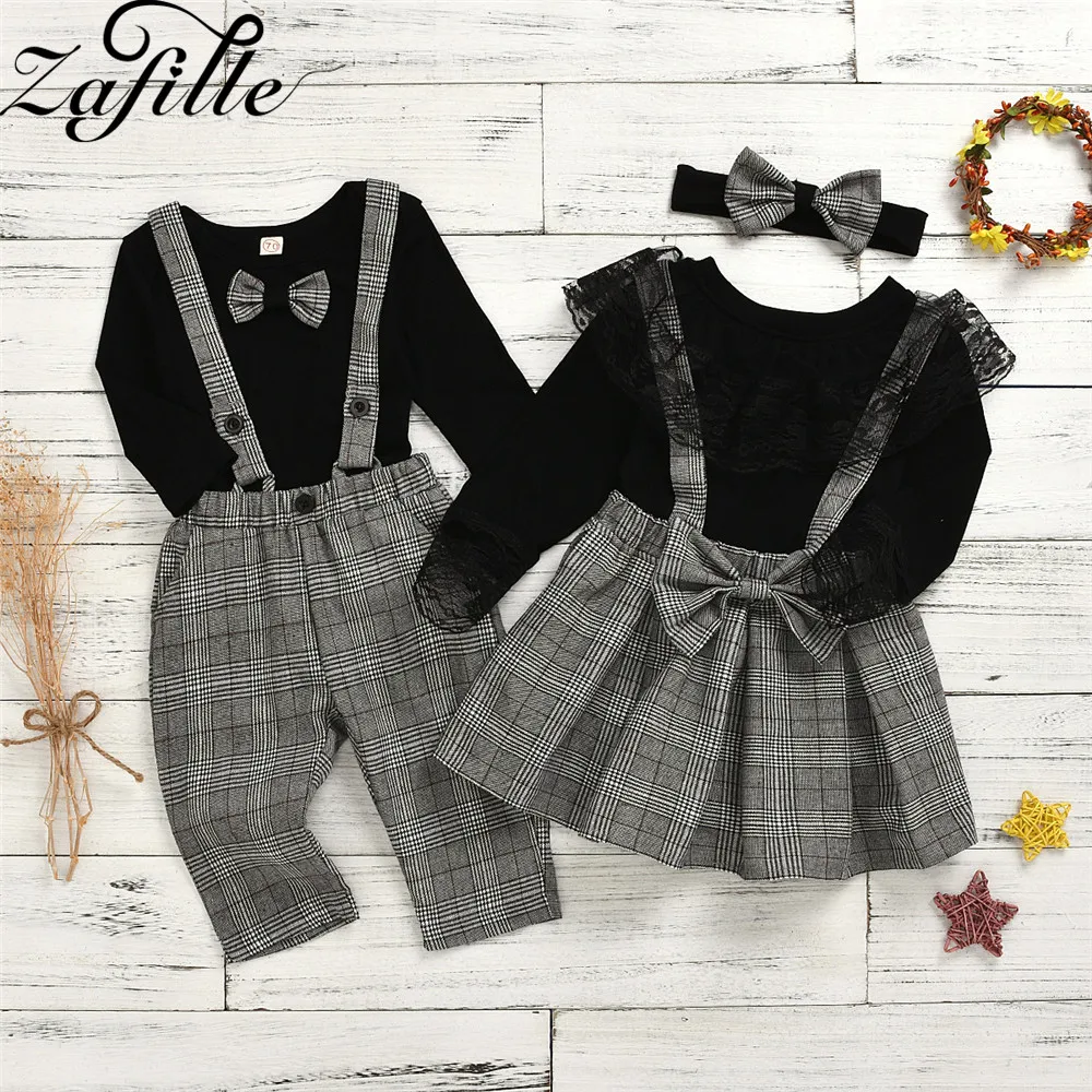 Top Trends: ZAFILLE Brother Sister Matching Outfits For Girls And Baby Boy Clothes Set Top+ Overalls With Necktie Kids Toddler Girls Clothes Shoppable Styles