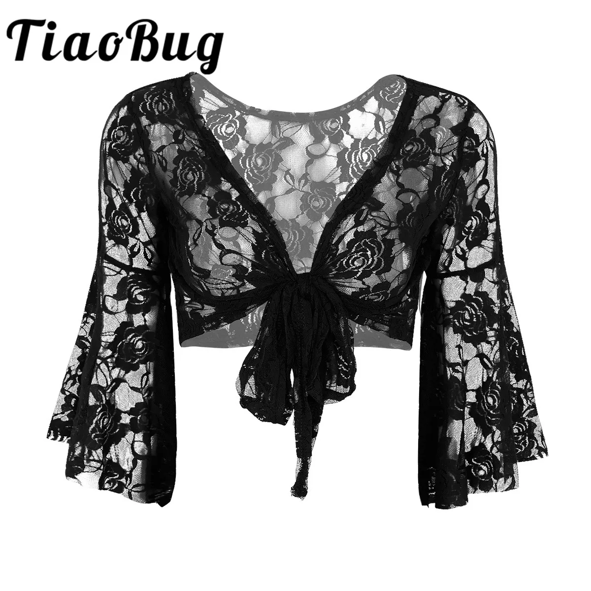 Top Trends: Elegant Women Black White Lace Ladies Wedding Party Long Flare Sleeves Shrug Cropped Jacket Shrug For Evening Formal Prom Bolero Shoppable Styles