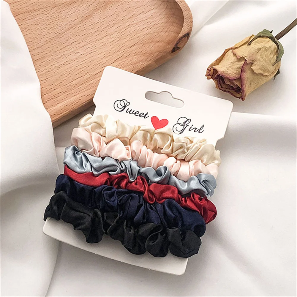 Top Trends: 5 / 6 / Pcs Silk Scrunchies Print Leopard Scrunchie Set Elastic Hair Bands Solid Color Fashion Headwear Women Hair Accessories Gift Shoppable Styles - Image 2