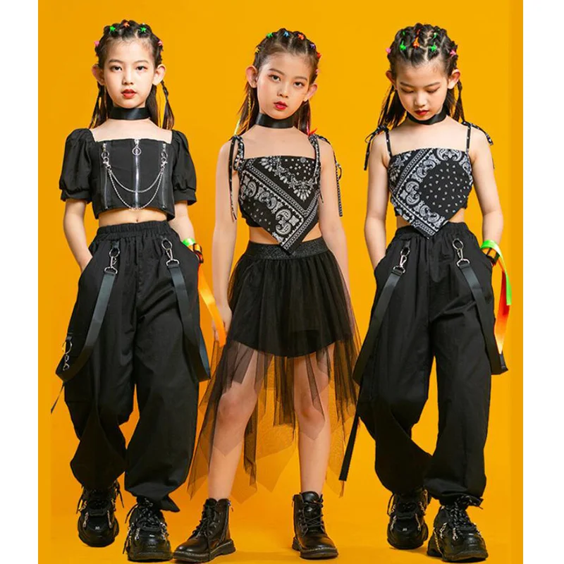 Top Trends: Kids Punk Hip Hop Clothing Square Neck Puff Sleeve Crop T Shirt Pleated Mesh Skirt Pant For Girls Jazz Dance Costume Set Clothes Shoppable Styles