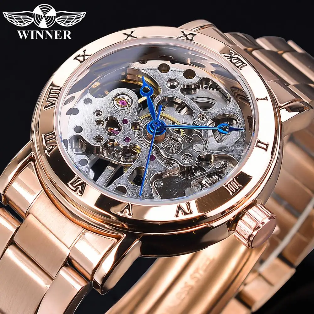 Top Trends: Winner Skeleton Dial Stainless Steel Exquisite Watch Rose Golden Women Fashion Watch Luxury Brand Waterproof Mechanical Clock Shoppable Styles