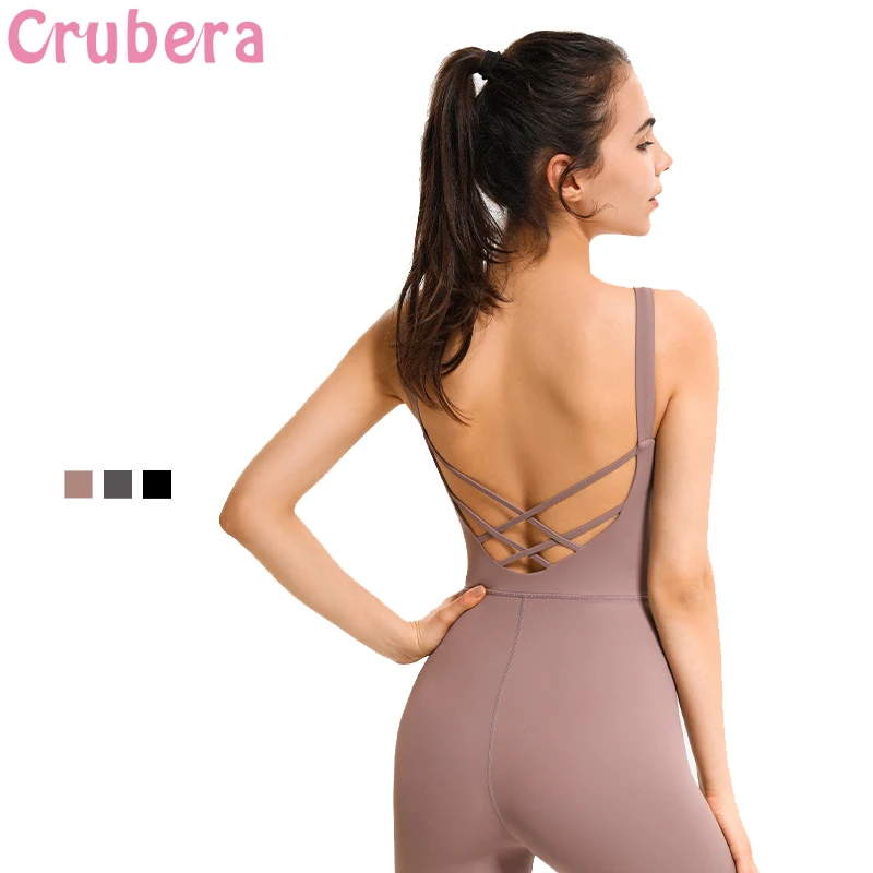 Top Trends: CRUBERA Summer Sleeveless Deep U Cross Hollow Beauty Back Sports Suit Women's Dance Fitness Stretch Athletic Yoga Jumpsuit Shoppable Styles