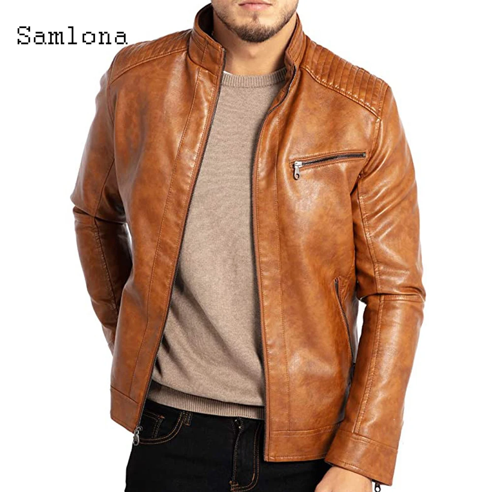 Top Trends: Samlona 2022 New Faux Pu Leather Jackets Mens Autumn Outerwear Zipper Up Coat Slim Biker Jacket Plus Size Overcoats Men Clothing Shoppable Styles