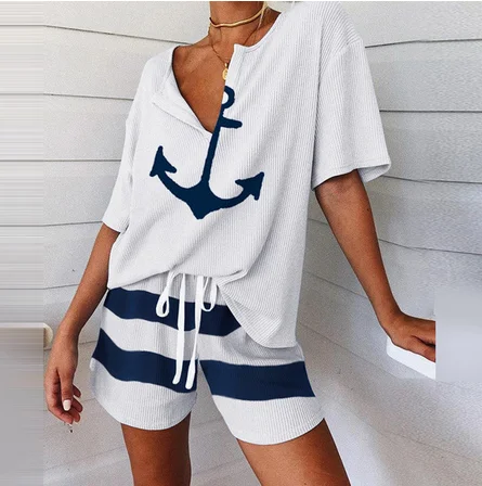 Top Trends: Summer 2Pcs Women Tracksuit Boat Anchor Print Shirt Shorts Set Spring Elegant V Neck Pullover Ladies Sportswear Suits Pocket Hot Shoppable Styles - Image 5