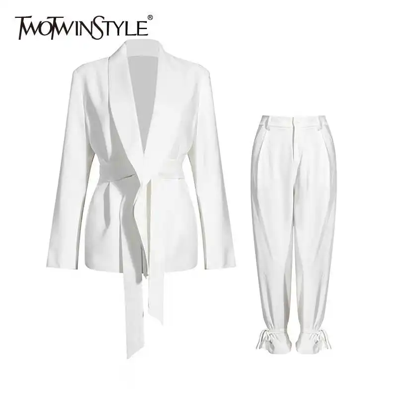 Top Trends: TWOTWINSTYLE Solid Color Korean Two Piece Set Women Blazer High Waist Belt Lace-up Straight Pants Suits Female 2022 Fashion New Shoppable Styles