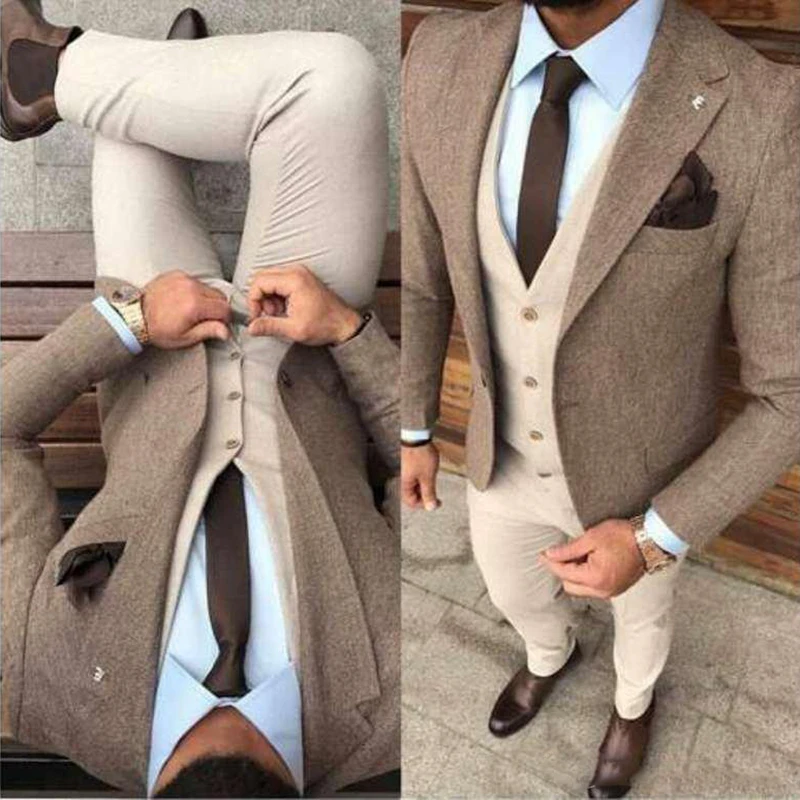 Top Trends: Winter Tweed Fabric Man Business Suits Beige Groom Tuxedos Slim Fits Men Prom Party Coat Trousers Sets (Jacket+ Vest+ Pants+ Tie) Shoppable Styles