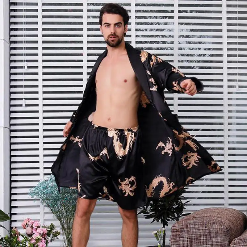 Top Trends: Large Size 4XL 5XL Men Satin Robe Set Dragon Print 2PCS Sleepwear Silky Nighty&amp;Robe Set Male Casual Kimono Gown Loose Home Wear Shoppable Styles