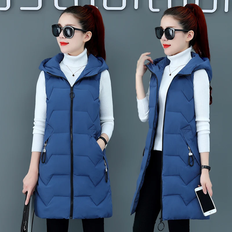 Top Trends: Fashion New Autumn Winter Long Cotton Vest Women Jacket Korean Hooded Sleeveless Coat Femme Slim Warm Ladies Waistcoat New Shoppable Styles