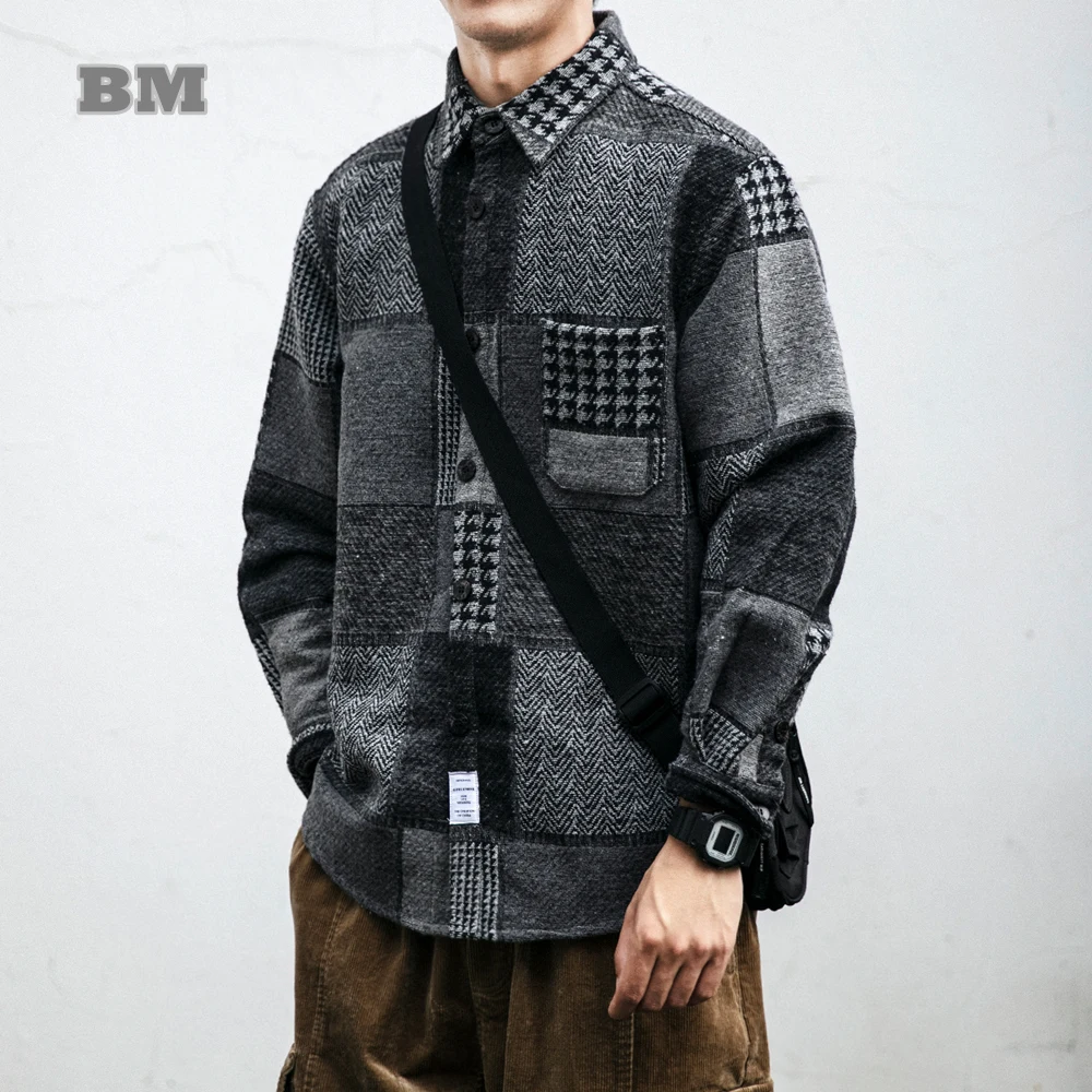 Top Trends: Autumn Winter Japanese Streetwear Retro Stitching Plaid Shirt Fashion Harajuku Thick Casual Woolen Coat Men Kpop Korean Clothes Shoppable Styles