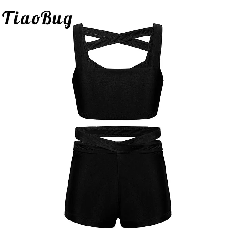 Top Trends: TiaoBug Kids Stretchy Solid Color Strappy Sleeveless Gymnastics Ballet Crop Top With Shorts Set Girls 2 Pieces Sports Dance Wear Shoppable Styles