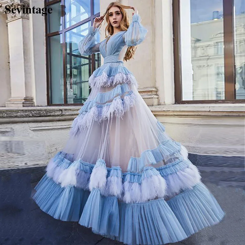 Top Trends: Sevintage Princess A Line Tiered Feathers Evening Dresses Long Sleeves Transparent Tulle Prom Gowns Modest Women Party Dress Shoppable Styles