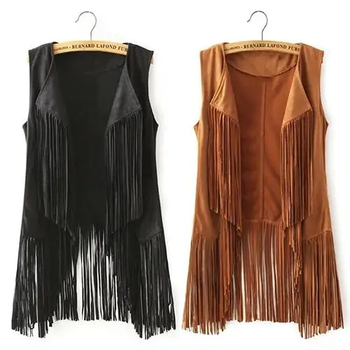 Top Trends: Women Vest Sleeveless Leather Jacket Motorcycle Vest Tops Autumn Winter Imitation Ethnic Suede Tassels Fringe Vest Cardigan Shoppable Styles