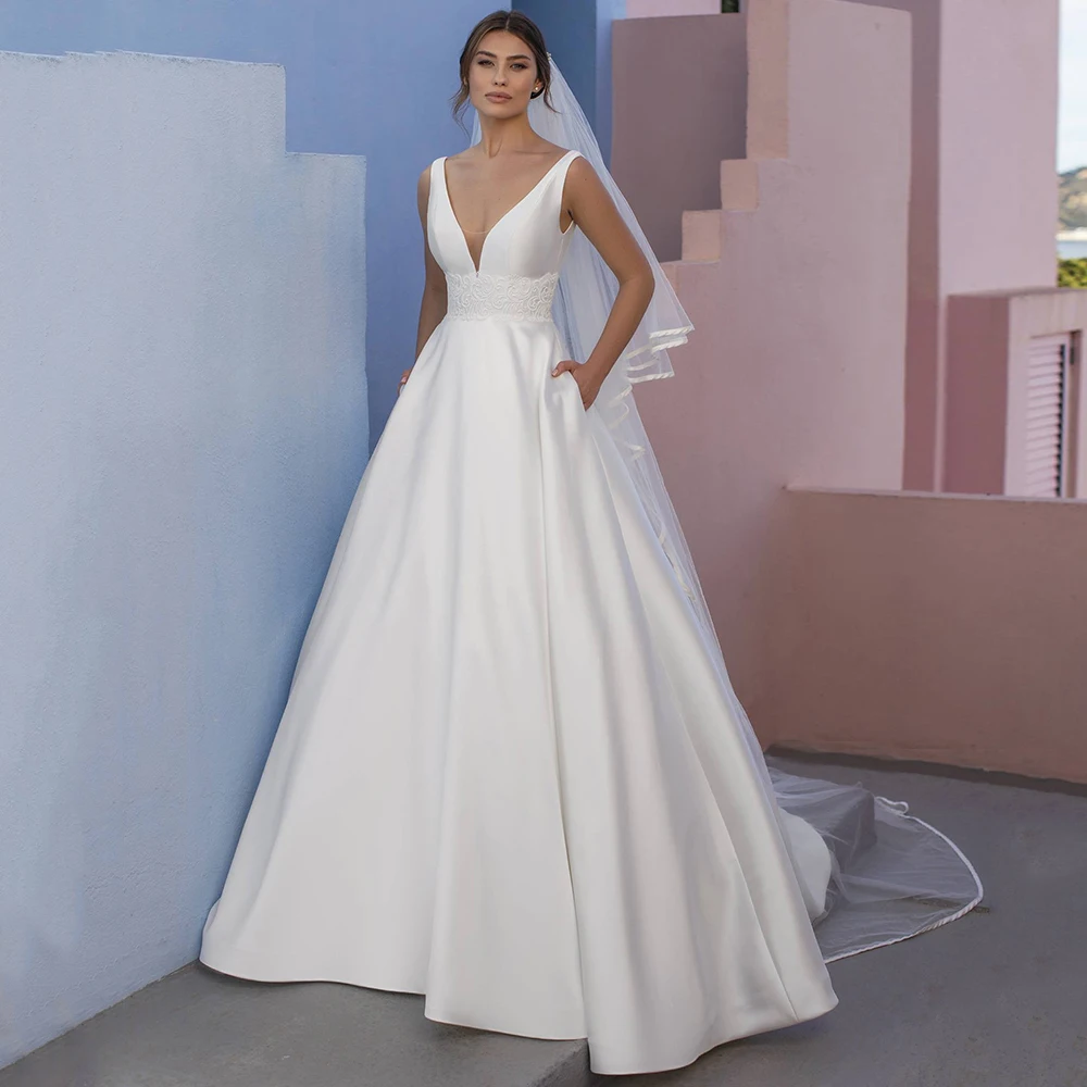 Top Trends: Modest A-Line Satin Sleeveless Wedding Gowns Sexy V-neck Lace Appliques Court Train Backless Bridal Dresses Custom Made Shoppable Styles