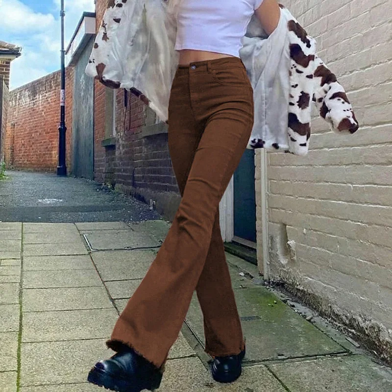 Top Trends: Vintage Brown Y2K Mom Jeans Women’s Streetwear Skinny Stretch Classic Denim Flare Pants Harajuku Fashion Trousers Female Shoppable Styles