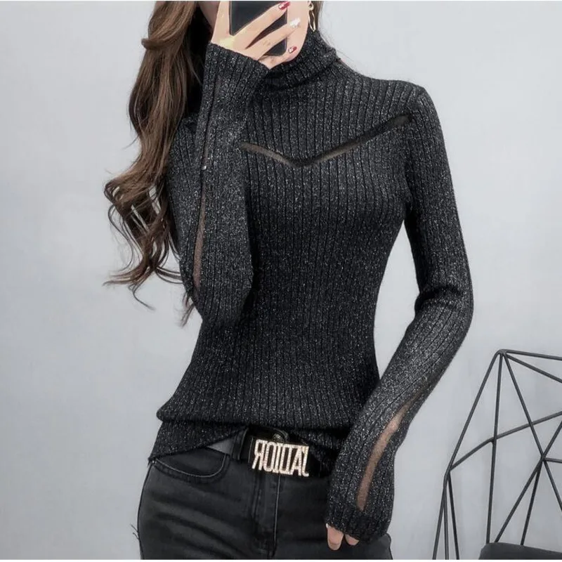 Top Trends: #3801 Turtleneck Thin Knitted Tops Split Joint Mesh Hollow Out Knitwear Pullover Women Elastic Sweaters Ladies Knitwear Spring Shoppable Styles