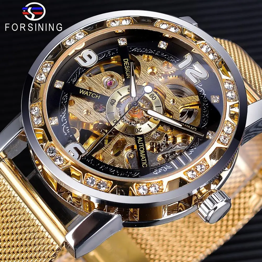 Top Trends: Forsining Diamond Golden Skeleton Mechanical Watch Stainless Steel Mesh Band Luminous Hand Men Watches Sport Business Wristwatch Shoppable Styles